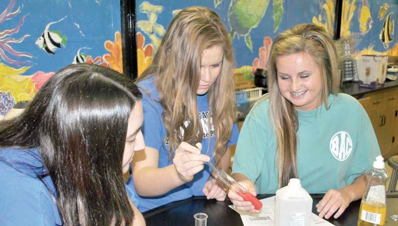 DAILY LEADER / RHONDA DUNAWAY / Brookhaven Academy High School students (from left) Hannah Allen, Jenna Wright and Molly Allen extract DNA from strawberries and broccoli in the BA school science lab last week. A BA student experiment will be one of 15 student projects nationwide selected for a mission to the International Space Station.