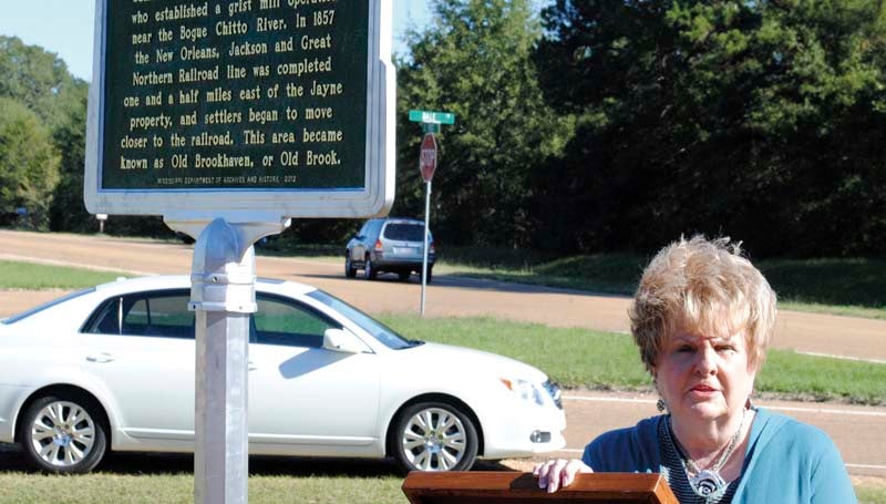 DAILY LEADER / JUSTIN VICORY / Rita Rich, past president of the Lincoln County Historical and Genealogical Society and museum curator speaks at Wednesday's unveiling of an "Old Brook" historical marker held near the corner of Dale Trail and South First Street (Old Highway 51 South).