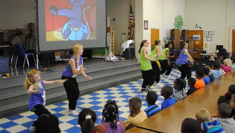DAILY LEADER . JUSTIN VICORY / Dancers selected from schools in the state entertain and educate school children about the dangers of tobacco usage at Mamie Martin Elementary School as part of a Tobacco Prevention and Cessation Program Thursday afternoon.