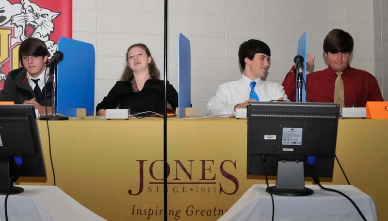 Photos By THERESA McCREERY/JCJC / Lawrence County High School team members  Shane Pennington, April Carter, Ben Rushing and Chance Turnage react to losing the Jones County Community College Bobcat Math League's Super Bowl of Math Thursday to Presbyterian Christian School.