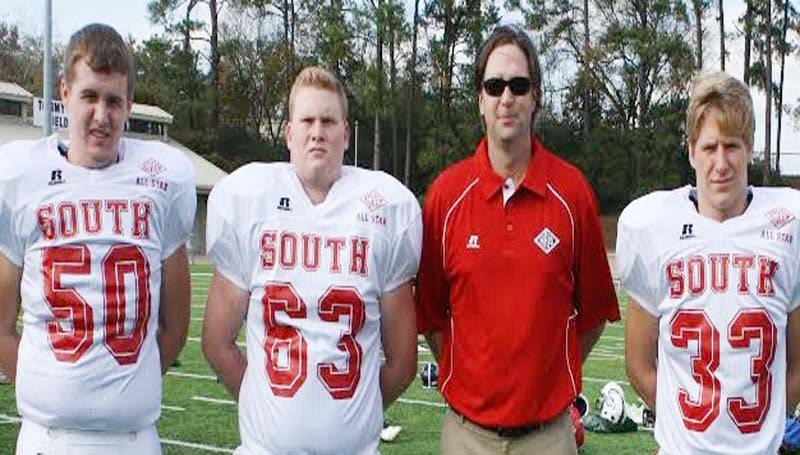 DAILY LEADER / SUBMITTED / Representing Brookhaven Academy in the 2013 MAIS All-Star game at Mississippi College are (from left) Travis Thornton (50), Cody Thornhill (63), Coach Tripp McCarty and Landon Nettles (33).