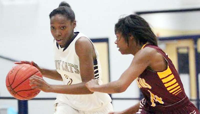 DAILY LEADER / JONATHON ALFORD / Bogue Chitto's Zariah Matthews tries to battle off the defensive pressure of Hinds AHS Tamara Daniels (14) Friday night in Bogue Chitto's new gym.
