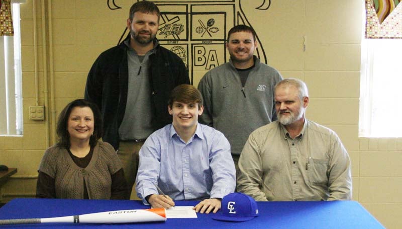 DAILY LEADER / MARTY ALBRIGHT / Brookhaven Academy pitcher/infielder Bailey Warren has signed a baseball scholarship with the Copiah-Lincoln Community College Wolves. Present for the ceremony were his parents, (seated) Cathy and Scott Warren; (standing, from left) Brookhaven Academy coach Casey Edwards, and assistant coach David Gilbert.
