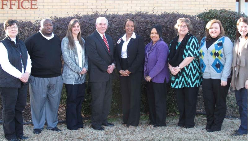 PHOTO SUBMITTED / The Brookhaven School District has announced this year's Teachers of the Year for each school. The winners are pictured with Superintendent Dr. Ben Cox (fourth from left) and Deputy Superintendent Stephanie Henderson (center). The teachers are (from left) Kathy Shackelford, Brookhaven Elementary School: Bryce Porter, Mullins; Mandy Vinson, Brookhaven High School; Maria Knight, Brookhaven Technical Center; Heather Smith, Lipsey School; Leigh Jackson, Mamie Martin; and Mary Lou Oswalt, Alexander Jr. High.