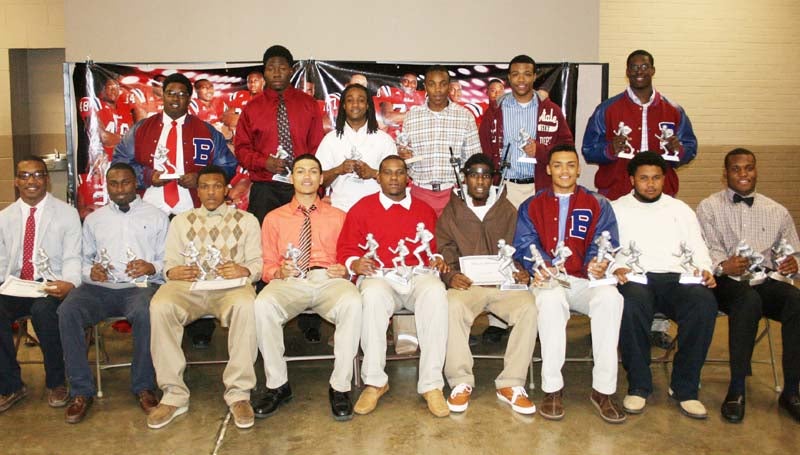 DAILY LEADER / MARTY ALBRIGHT / Brookhaven Panthers receiving special awards at Thursday night's Ole Brook Football Banquet were (from left, seated) Tyrus Daniels, Scholastic Award, All-Region; Billy Thomas, Most Valuable Defensive Back, All-Region; Tre McDaniel, Most Valuable Offensive Back, All-Region; Javontae Trevillion, All-Region; Ty Hill, Team Captain, Stan Patrick "Boom Award, Region 3-5 Most Valuable Linebacker, MAC All-State; Jermone Kelly, Most Valuable Player, All-Region; Fred Trevillion, Team Captain, Region 3-5 Most Valuable Athlete, MAC All-State; Anthony Wilson, Most Valuable Offensive Lineman, Region 3-5A Most Valuable Offensive Lineman; Leo Lewis, Most Valuable Linebacker, Region 3-5A Most Valuable Linebacker, MAC All-State; (standing) Marquez Gibson, Panther Award, All-Region; Chris Calcote, Therell-Tanner Award, All-Region; Jonathan Stepney, Therell-Tanner Award, All-Region; Shuntez Smith, Region 3-5A Most Valuable Wide Receiver; Dedric Smith, All-Region; Keefa Nelson, Panther Award, All-Region.