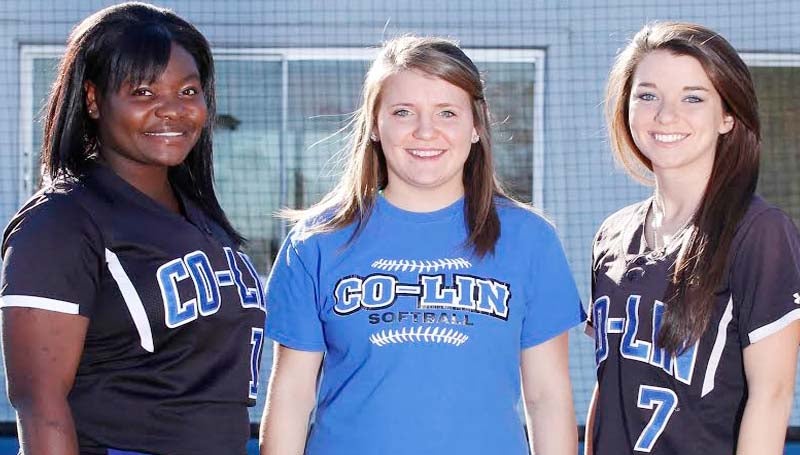 CO-LIN MEDIA / NATALIE DAVIS / LAWRENCE COUNTY - Members of the 2014 Copiah-Lincoln Community College Lady Wolves softball team from Lawrence County are Julian Johnson (from left), manager Sam Lee and Kristen Byrd, all of Monticello