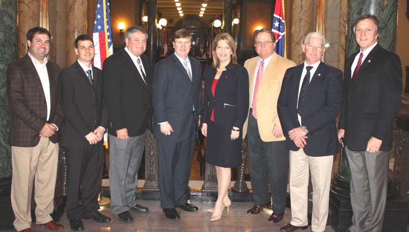 PHOTO SUBMITTED / Lt. Gov. Tate Reeves visited with city and county leaders at Brookhaven day at the Mississippi Capitol. Pictured are Ryan Holmes (Industrial Development vice president), Garrick Combs (executive director Brookhaven-Lincoln County Chamber of Commerce), Eddie Brown (Lincoln County Board of Supervisors president), Lt. Gov. Tate Reeves, Sen. Sally Doty, Tillmon Bishop (chancery clerk), Michael Jinks (city Clerk) and Mayor Joe Cox.