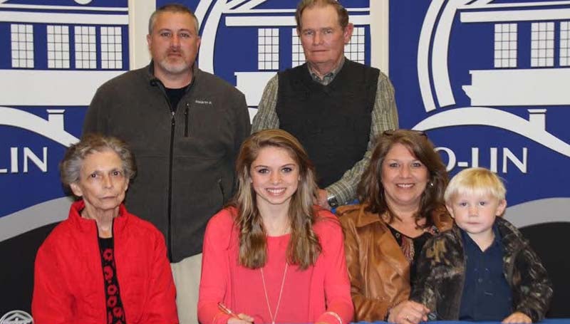 CO-LIN MEDIA / NATALIE DAVIS / Bogue Chitto softball standout Mattie Avants (seated center) signs to play with the Co-Lin Lady Wolves. Present for the signing were seated from left, Billie Reeves, grandmother; Avants, Tiffany Avants, mother and Tripp McDowell, nephew; standing from left, Bogue Chitto softball coach Scott Leggett and Mickey Reeves, grandfather.