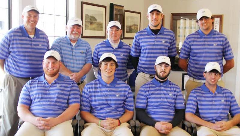 CO-LIN MEDIA / NATALIE DAVIS / Members of the 2014 Wolfpack golf team are seated from left, Taylor Jelks, Gregory Causey, Connor Barnes, Will Lee; standing from left, head coach Ronny Ross, assistant coaches Tony McInnis and Craig Hennington, Austin Schillaci and Ryan Desormeaux.
