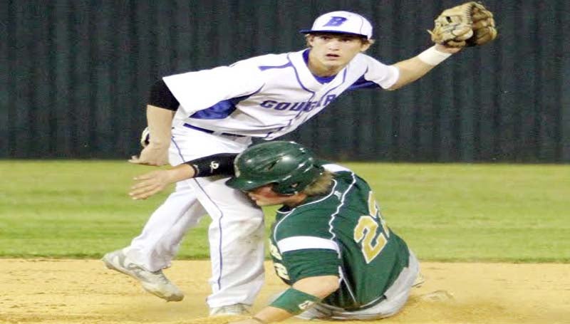 DAILY LEADER / SHERYLYN EVANS / Brookhaven Academy shortstop Alex Smith (7) tags out a Silliman runner at second on a steal attempt Tuesday.