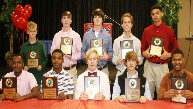 DAILY LEADER / MARTY ALBRIGHT /  Brookhaven Panthers receiving special awards at Thursday night's Ole Brook Soccer Banquet were (from left, seated) Darrius Pendleton, Coaches Award; Quinn Cooper, Most Improved Offensive Player; Ben Stroud, Scholastic Award; Myles Tipton, Most Valuable Defensive Player; Zach Wilson, Overall Most Valuable Player; (standing) Will Moak, Junior Varsity MVP; Caleb Owens, Most Valuable Offensive Player; Michael Lambert, Hustle Award; Jacob Bozeman, Rookie of the Year Award; Scottie Tate, Most Improved Defensive Player.