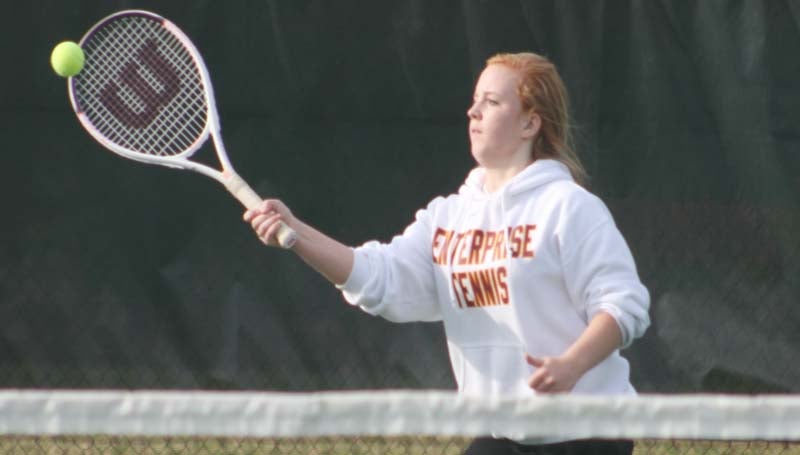 DAILY LEADER / MARTY ALBRIGHT / Enterprise's Mylaine McCaffery returns a serve Wednesday against Puckett in tennis action at the Brookhaven City Courts.
