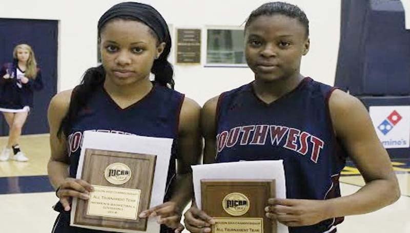 SOUTHWEST MEDIA / MICHAEL GUNNELL / Southwest Lady Bears' Katrina Littlepage and April Levy receives All-Team Tournament awards after the Regional 23 championship game Saturday night in Clinton.