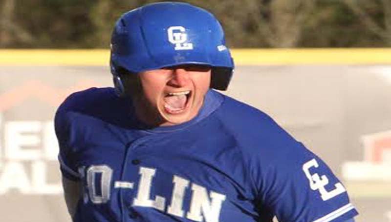DAILY LEADER / SHERYLYN EVANS / Co-Lin Mitch Little expresses his excitement while rounding the base after his walk off home run in Game One.