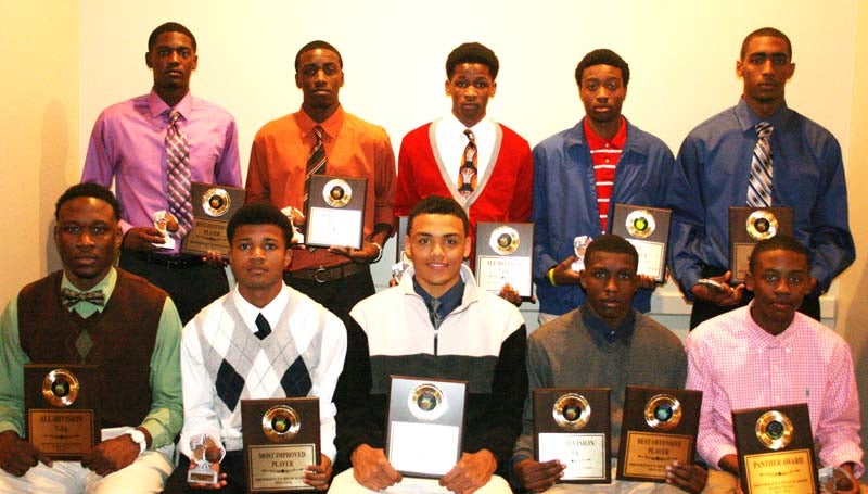 DAILY LEADER / MARTY ALBRIGHT / Brookhaven Panthers receiving special awards at Monday night's Basketball Banquet were (from left, seated) Khalil Newton, All-Division; Shon Blackwell, Most Improved; Fred Trevillion, All-Division; Lazorian McNulty, Best Offensive Player, All-Division; Keante Benjamin, Panther Award; (standing) Darrian Wilson, Best Defensive Award; Carl King, Scholastic Award; Shaquan Richardson, Most Improved, All-Division; Damarius Brooks, Mr. Hustle; Tavis Moore, Best Rebounder Award.