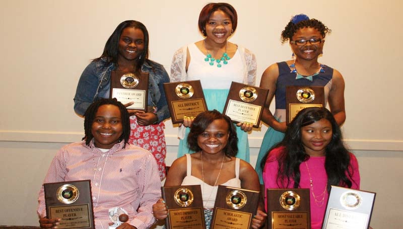 DAILY LEADER / MARTY ALBRIGHT Brookhaven Lady Panthers receiving special awards at Monday night's Basketball Banquet were (from left, seated) Jessica Wilson, Best Offensive Player; Yasmine Hill, Most Improved, Scholastic Award; Fredericka Fairman, Most Valuable Player, All-District; (standing) Chantel Quarles, Panther Award; Kynitria Hill, Best Defensive Player, All-District; Jada Henderson, Rookie of the Year.