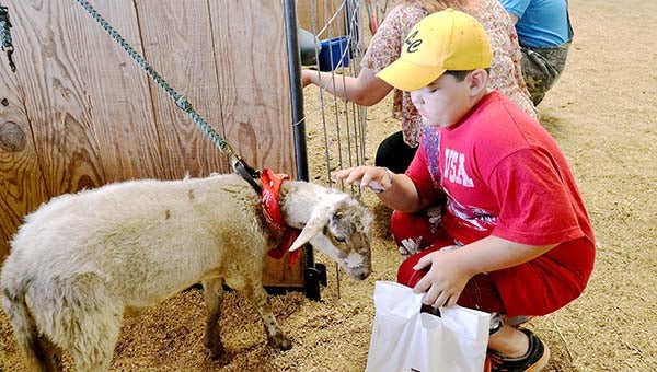 Calvin Thomasee, 9, makes friends with a goat during Farm Day at the Lincoln Civic Center stall barn.