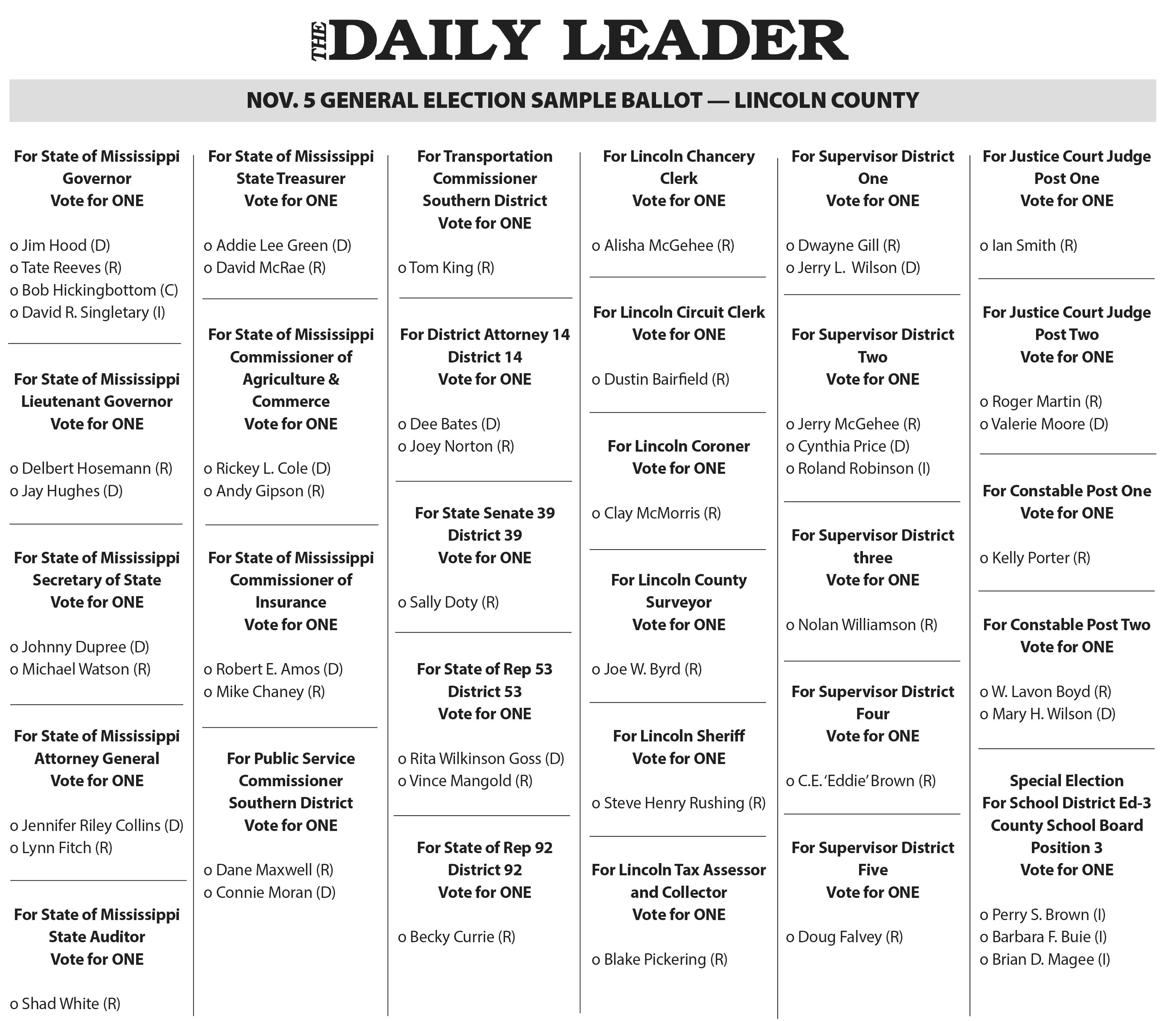 Sample ballot Lincoln County Daily Leader Daily Leader